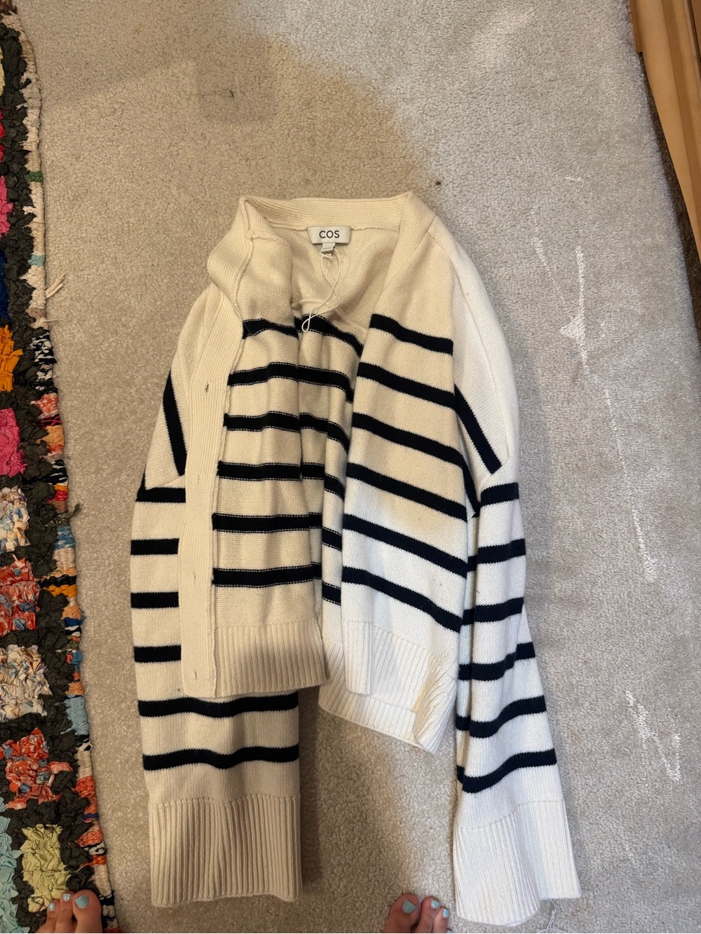 COS Cream and Navy Striped Cropped Knit Sweater Cardigan